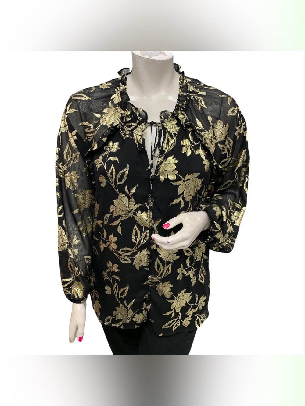 Haver & Blair Black & Gold Floral Tie-Neck Blouse with Ruffled Collar Size 2X